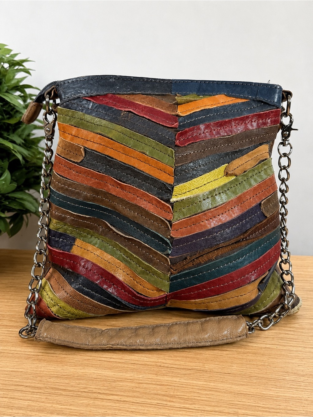 AmeriLeather Multicolor Patchwork Leather Hobo Bag with Chain Strap